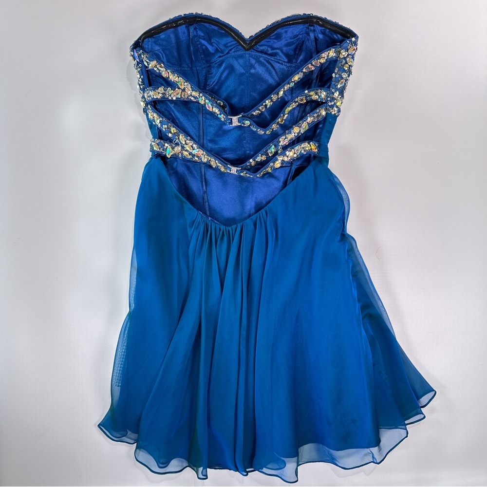 La Femme Blue Beaded Chiffon Strapless Prom Dress Womens 2 Formal Evening - Picture 3 of 12